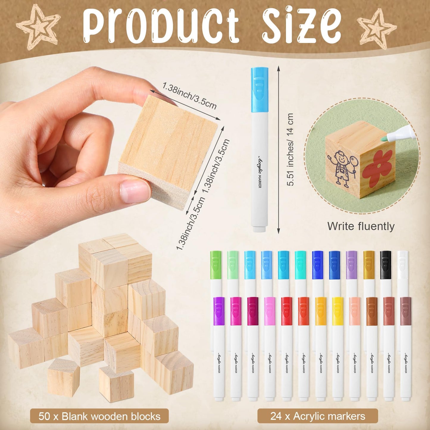 Tatuo 75 Pcs Baby Shower Block Games Here Comes The Son Baby Shower Decor 50 Blank Wooden Blocks 1 Decorate a Block Sign and 24 Paint Markers Party Decorations Activities for Guests(Kraft)