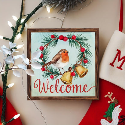 Welcome Sign Decorative Wooden Framed Sign Christmas Decor Sign Winter Robin and Berries Wall Art for Christmas, Entryway, Home 8x8 Inch