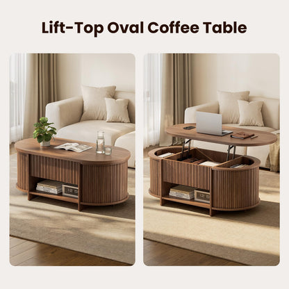 Sikaic Fluted Lift Top Coffee Table with Storage, Mid Century Modern Oval Coffee Tables with Open Shelf and Hidden Storage Compartment, Center Table for Living Room, Office, Small Space, Walnut Brown