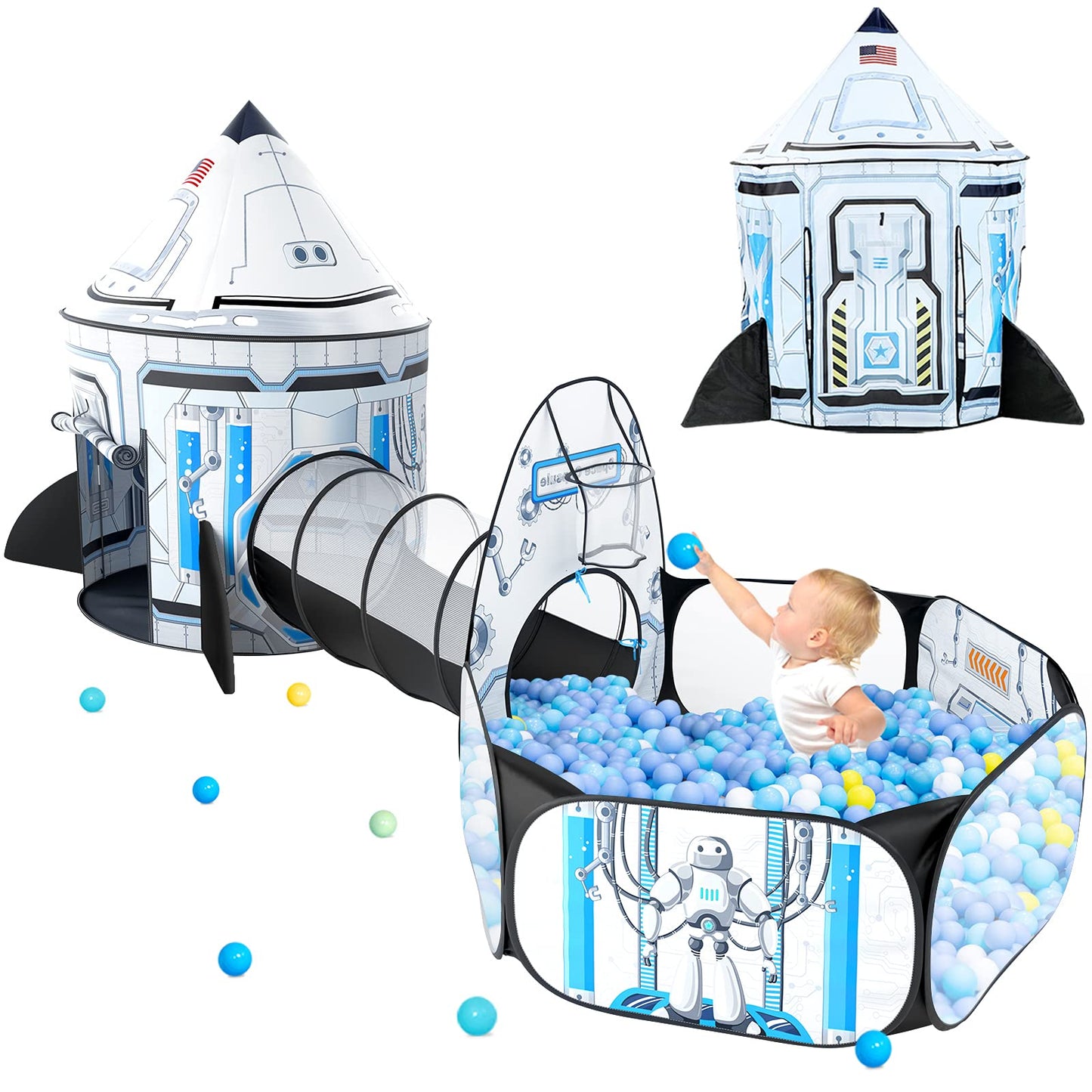 Senodeer Rocket Ship Kids Play Tent: 3Pcs Toddlers Pop Up Ball Pit and Play Tunnel for Indoor Outdoor, Spaceship Baby Playhouse Toys for 1-3 Year Old Boys Girls (3 in 1 Kids Tent)