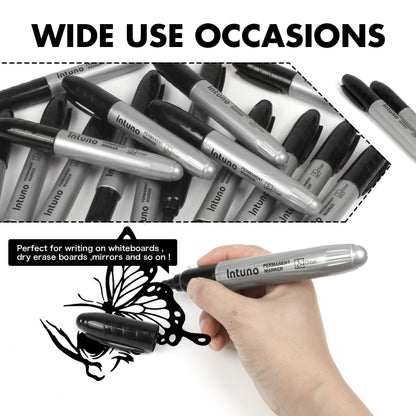 INTUNO Jumo Permanent Markers, 60 Count Black, Chisel tip, Oil-Based Permanent Markers, Waterproof and Fade-Resistant, for Paper, Wood, Metal, Glass and More
