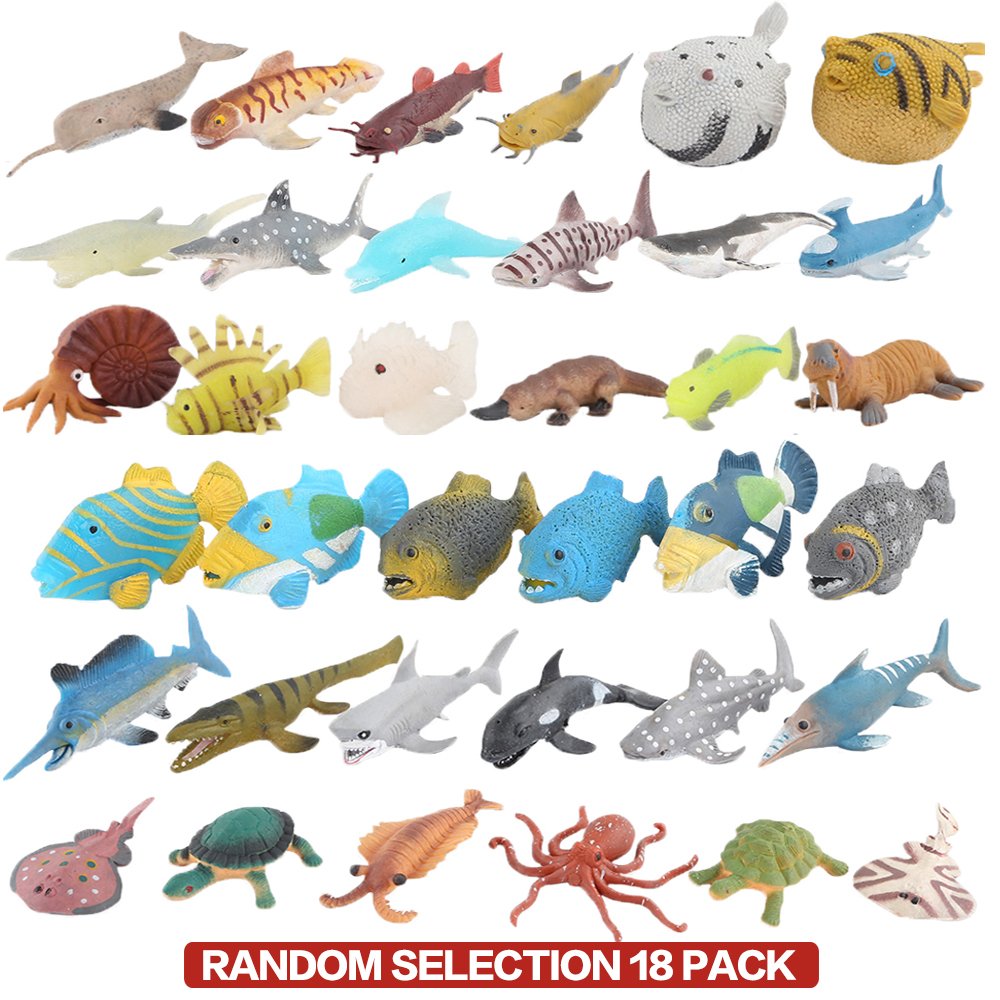 18 Pack Assorted Ocean Animal, Stretchy and Floating Rubber sea Animals Toy Set, Mini Realistic Under The Sea Life Figure for Toddler Bath Bathtub, Shark Octopus Fish Toys Bulk for Kid Party