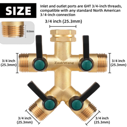 Garden Faucet Splitter, 4 Way Hose Splitter, Multi-Directional High Output Outdoor Splitter, 3/4" GHT Thickened Hex Inlet, Heavy Duty Solid Brass Spigot Adapter with Comfort Extension Handles