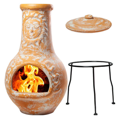 Wiosi Medium 𝗖𝗵𝗶𝗺𝗶𝗻𝗲𝗮 Outdoor Fireplace for Patio Clay Chimineas with Chimney Rain Lids and Solid Metal Stands - Yellow Terracotta Chimenea - Rustic Wooden Fire Pit Chimnea 16 x 16 x 32-inch
