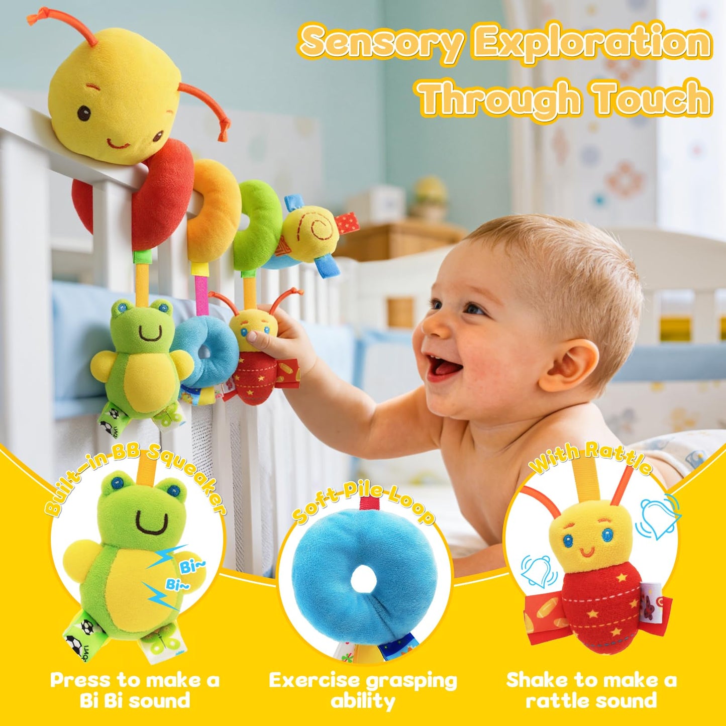 FPVERA Car Seat Toys for Babies 0-6 Months, Hanging Carseat Toys for Infants 0-12 Months, Spiral Plush Caterpillar Sensory Stroller Toy with Rattles for Baby Essentials Newborn Boy Girl Shower Gifts