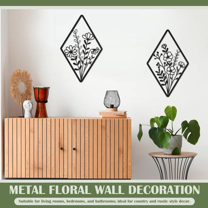 PullCrease 2 Pcs Metal Wall Art, Metal Flower Wall Decor, Modern Floral Art for Living Room, Bedroom, Bathroom, Rustic Farmhouse Decor, Sculpture Kitchen Decoration (Black)