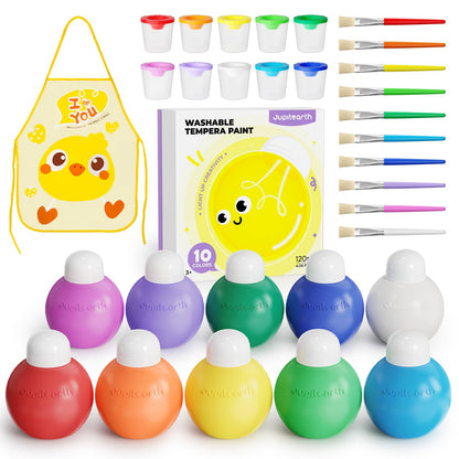 JUPITEARTH 10 Colors Washable Paint Set for Kids Ages 3-6, 4.06oz(120ml), Non-Toxic, Includes Brushes, Cups and Apron, Creative Gift for Toddlers and Preschoolers