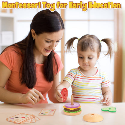 Aizweb Montessori Toys for 3 Year Old - Wooden Burger Stacking Toys for Toddlers and Kids Preschool, Educational Toys, Fine Motor Skill Toy, Blocks for Toddlers, Learning Toys