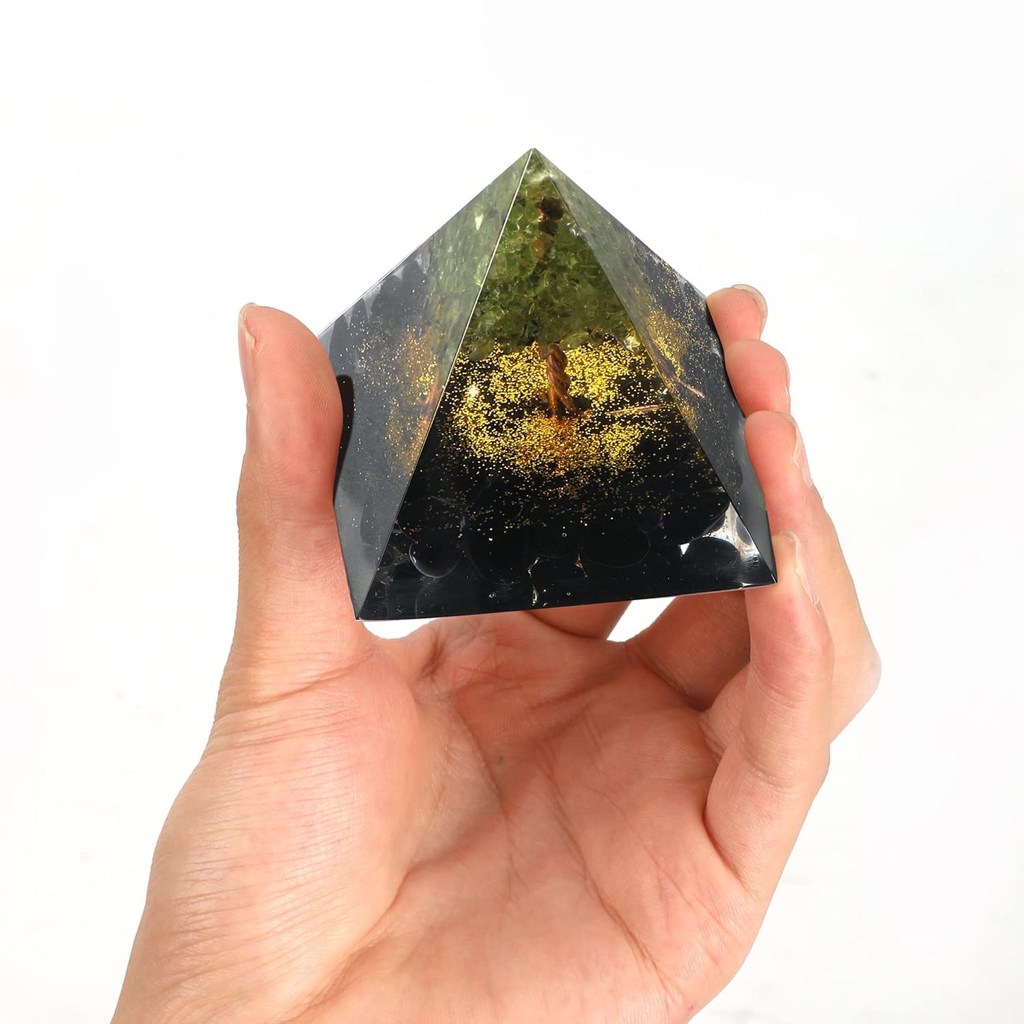 EternalOrgone Tree of Life Orgone Pyramid for Positive Energy, Orgonite Peridot&Obsidian Healing Crystal Pyramids for Reduce Stress Chakra Reiki Healing Meditation Attracts Lucky and Success