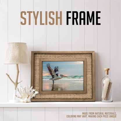 Fairwood Way Rattan Frame for 8x10 Photos, EACH UNIQUE Natural Fir Wood, Handwoven Rattan Mat, Boho Picture Frame, 8x10 picture frame for Wall/Table Mount (12.5" x 14.5" Outer), Coastal Decor