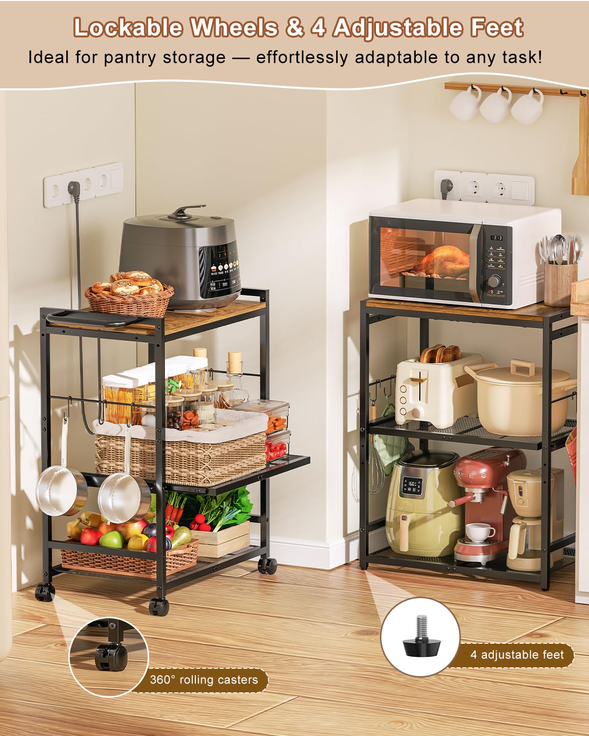 Feyejade Microwave Cart with Adjustable Shelves 3-Tier, Rolling Kitchen Cart with Push Handle, Microwave Stand with Storage, Small Utility Cart with Drawer Slider Shelf for Kitchen, Living Room