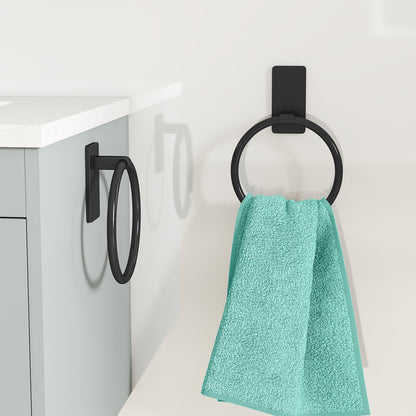 STWWO Adhesive Towel Ring, Hand Towel Holder for Bathroom, Adhesive Round Towel Ring for Bath RV, Black