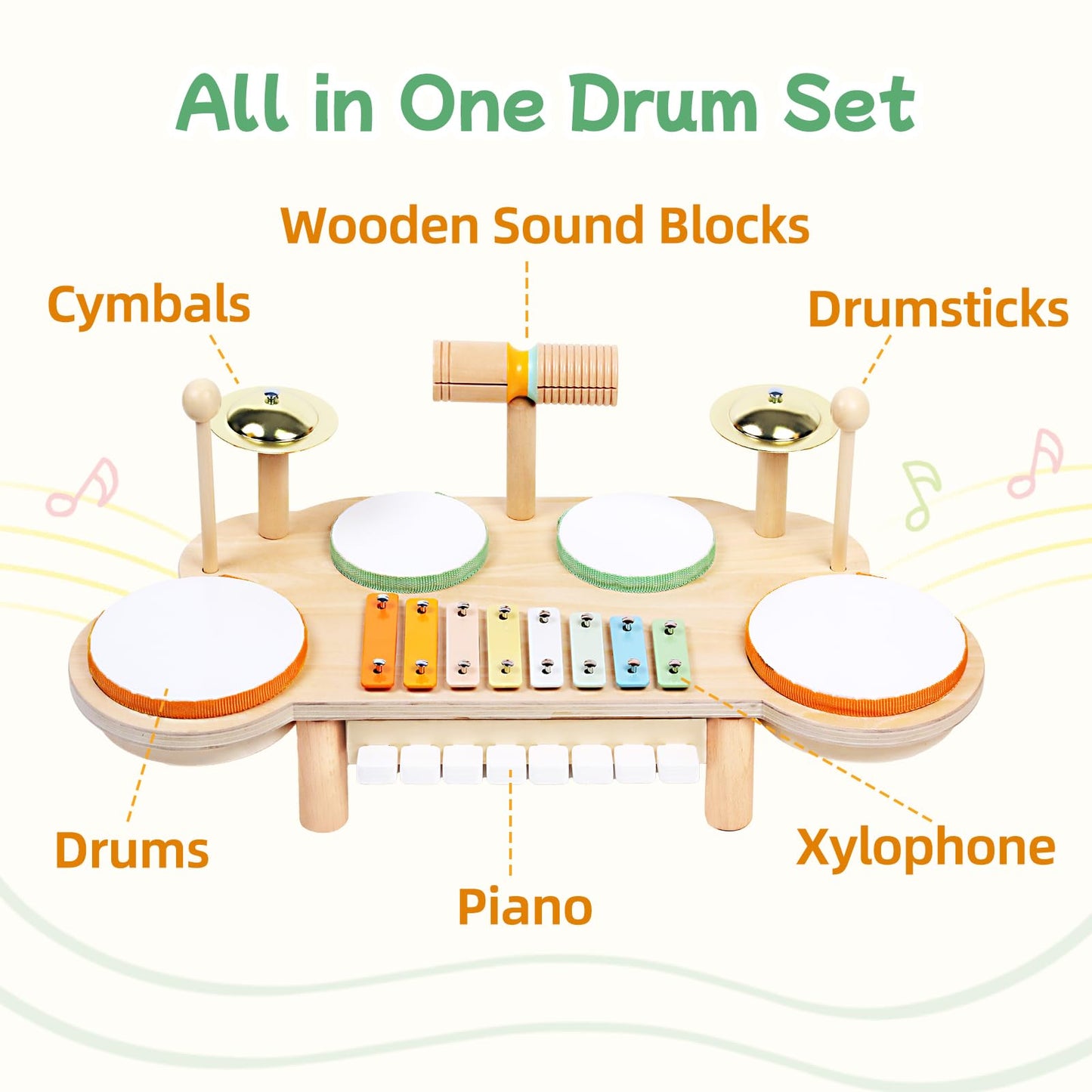 Toddler Drum Set - Montessori Toys for 2 Year Old, Wooden Baby Musical Instruments for Toddlers 2-5, Preschool Learning Musical Toys with Xylophone, Piano, Birthday Gifts for 18 Months Boys Girls