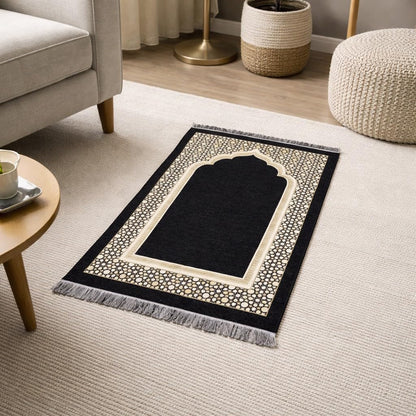 Modefa Turkish Islamic Prayer Mat - Thin Woven Chenille Sajjadah - Intricate Praying Rug Ramadan Eid Gift - Traditional Muslim Janamaz Sajada for Men Women - Geometric Selcuk Star (Black)