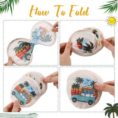 Gejoy 24 Pcs Beach Vacation Foldable Fan Style Summer Coconut Trees and Beaches Handheld Round Folding Flying Disc for Women Man Daily Use Festival Wedding Party Favors Decorations Portable, 8 Style