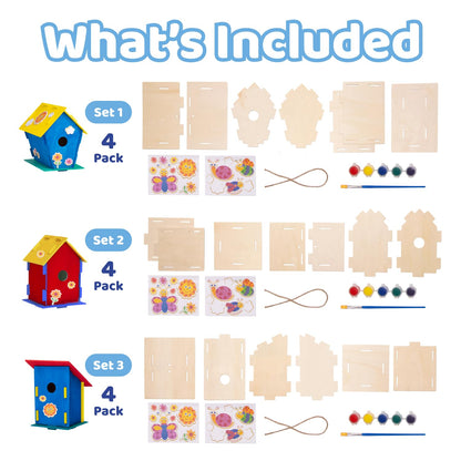 Neliblu DIY 12 Wooden Bird House Kits - Creative Arts and Crafts Set for Kids and Adults - Unfinished Wood Birdhouses with Paint Strips, Brushes, Stickers and Strings - 3 Unique Shapes, 2 Sizes
