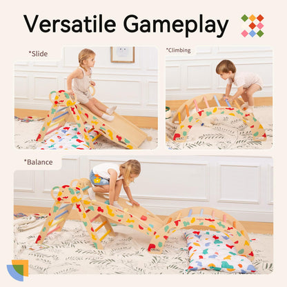 WINGYZ Pikler Triangle Set, Montessori Foldable 8-in-1 Jungle Gym & Reversible Animal Slide, Patent-Protected Climbing Set, Safe 2.35" Gap ASTM F963 Standards for Toddlers 18 Months-7 Years (Rainbow)