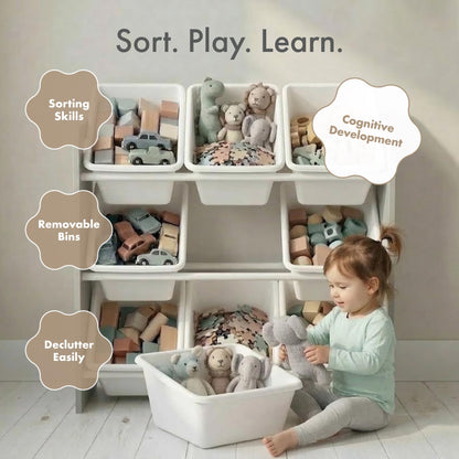 Humble Crew Toy Storage Organizer with 9 Removable Storage Bins for Kids Playroom, 3-Tier Toddler Toy Organization and Storage, Grey/White