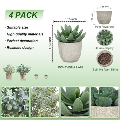 4 Pack Small Fake Plants in Pots, Artificial Eucalyptus Plants & Succulents, Mini Faux Plants for Desk Shelf Office Decor, Realistic Fake Potted Plants Indoor Home Decor
