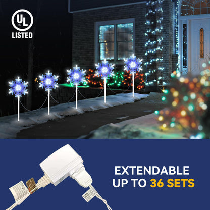 Snowflake lights outdoor 3D Crystal Cool White and Blue Chasing Led 9 ft set of 5 Yard Stake Snowflake Christmas Pathway Lights Connectable Christmas Decorations Outside for Yard Path Lawn Patio Decor