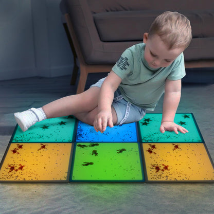 Onyoloy Kids Sensory Liquid Tiles: 11.8" X 11.8", Set of 4 Square Liquid Fusion Activity Playmats with Different Glow-in-The-Dark Colors for Baby, Toddler and Kids Gym, Nursery, Playroom.