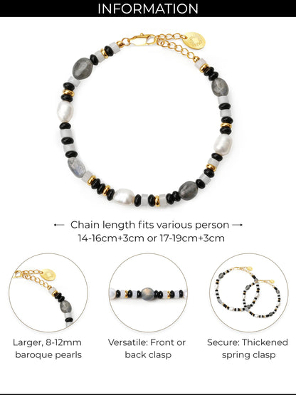 Natural Gemstone & Freshwater Pearl Bracelet for Women, 18K Gold PVD-Coated, Labradorite, Black & White Chalcedony（Medium