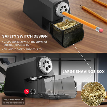 Aurbuex Heavy Duty Electric Pencil Sharpener – 6-Hole for 6-12mm Pencils, Auto Start/Stop, Fast 4s Sharpening, Zinc Alloy Blade, 10,000+ Sharpenings – Ideal for Classroom, Office & Art Use(S260)