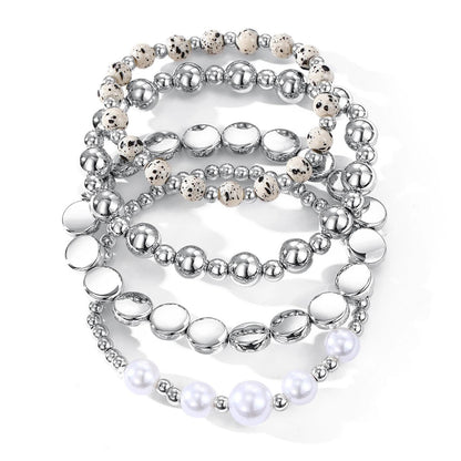 Mexegy Layered Silver Plated Pearl Beaded Stretch Bracelet for Women,Stacked Disc Coin Bead Elastic Bracelets Bohemian Party Holiday Jewelry Accessories Gift(Silver)