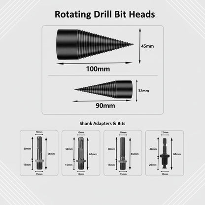 Firewood Log Splitter 2 Pack 45mm+32mm Easy Log Splitting Drill Bits Heavy Duty Electric Drills Screw Cone Driver Tools Split Wood Efficiently for Dry Soft Woods + 4 Drill Attachments (Black)
