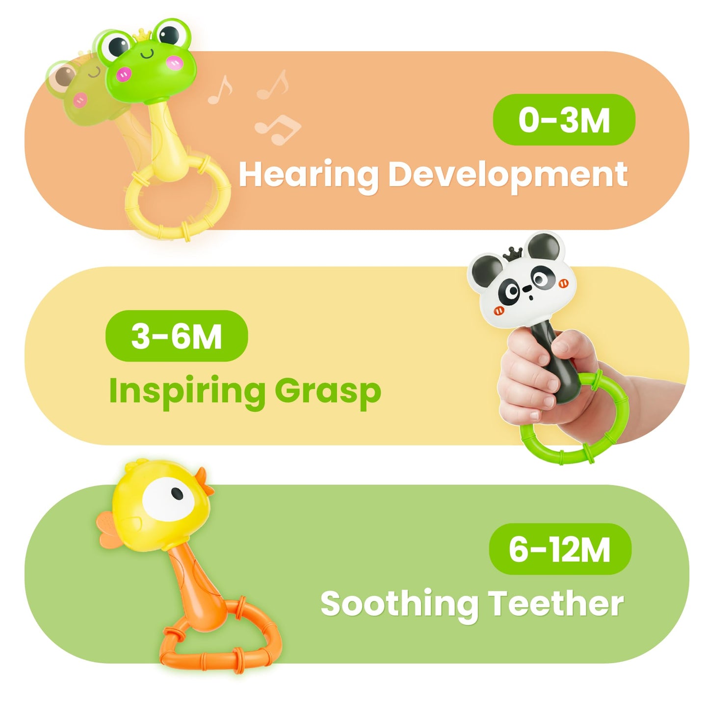 iPlay, iLearn Baby Maracas Rattle Toy, Infant Animal Shaker Rattles Set, Newborn Sensory Teething Rings, Tummy Time Carseat Stroller Crib Toy, Birthday Gift 3 4 6 7 9 12 18 Month Old Toddler Girl Boy