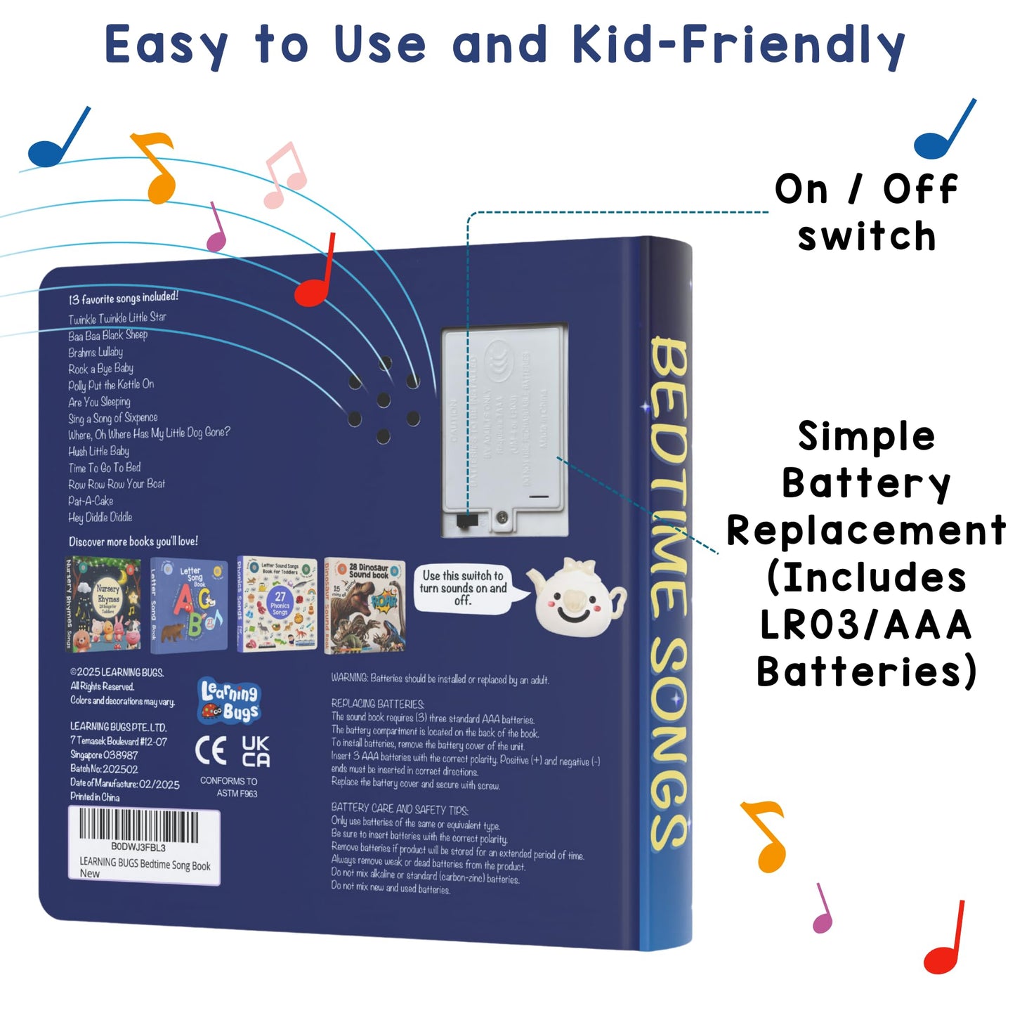 LEARNING BUGS Bedtime Songs – 13 Timeless Lullabies for Little Ones, Musical Books for Toddlers, 28-Button Music Book, Musical Toys for Toddlers 1-3