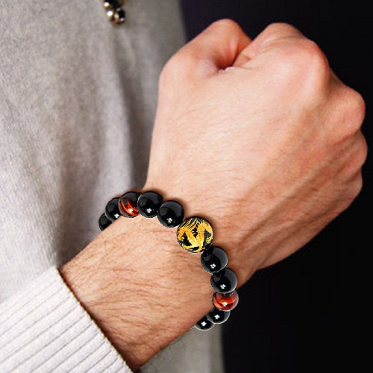 14mm Natural Lava Rock Black Beads Bracelets for Men | Vintage Design Yellow Tiger Eye Black Dragon Pattern Crystal Beaded Mens Bracelet | Bold Wrist Men’s Bracelets Beads Set for Layered Looks