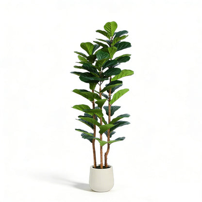 Joyplants 5ft Fake Fiddle Leaf Fig Tree, Realistic Fake Plants with Natural-Looking Trunk, Evergreen Faux Plants Indoor for Home & Office Decor（3 Poles, White Pot）