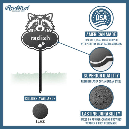 RealSteel Rocky the Raccoon Plant Markers – Cute Metal Garden Labels for Herbs & Vegetables | Outdoor Steel Plant Stakes for Garden, Greenhouse & Raised Beds | Gardening Gift | USA (THYME-B-6X13)