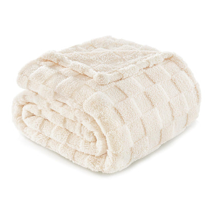 Exclusivo Mezcla Fleece Throw Blanket for Couch,Super Soft and Warm Lightweight Checkered Pattern Blankets for All Seasons, 50x60 Inches, Ivory