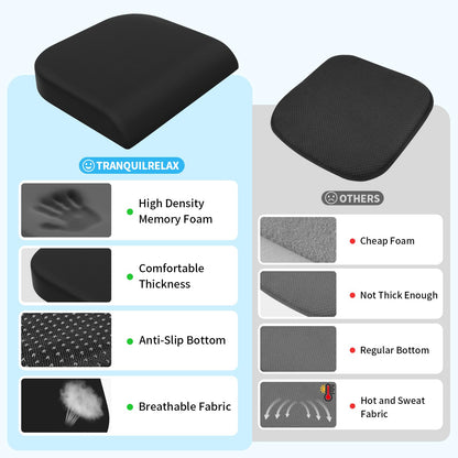 TranquilRelax Large Seat Cushion, Memory Foam Cushion for Long Sitting Hours on Office Chair, Car Seat, Non-Slip Chair Pad for Sciatica, Coccyx, Tailbone Pain Relief & Post-Surgery Recovery (Black)