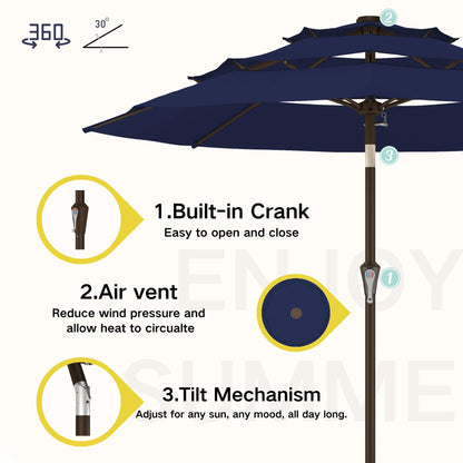 Kingdura 10ft 3-Tier Patio Umbrella, Outdoor Table Umbrella with Easy Crank & Tilt, 8 Reinforced Ribs, UV Protection for Deck, Pool, Market, Backyard (Navy blue)