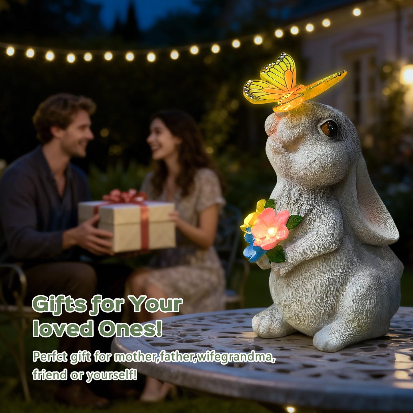 IDEA SHOW Solar Garden Statue Outdoor Decor, Rabbit Figurine with Butterfly LED Lights, Bunny Statue for Garden, Yard Decor, Lawn Ornament, Valentine's Day Birthday Gift for Women Mom Grandma