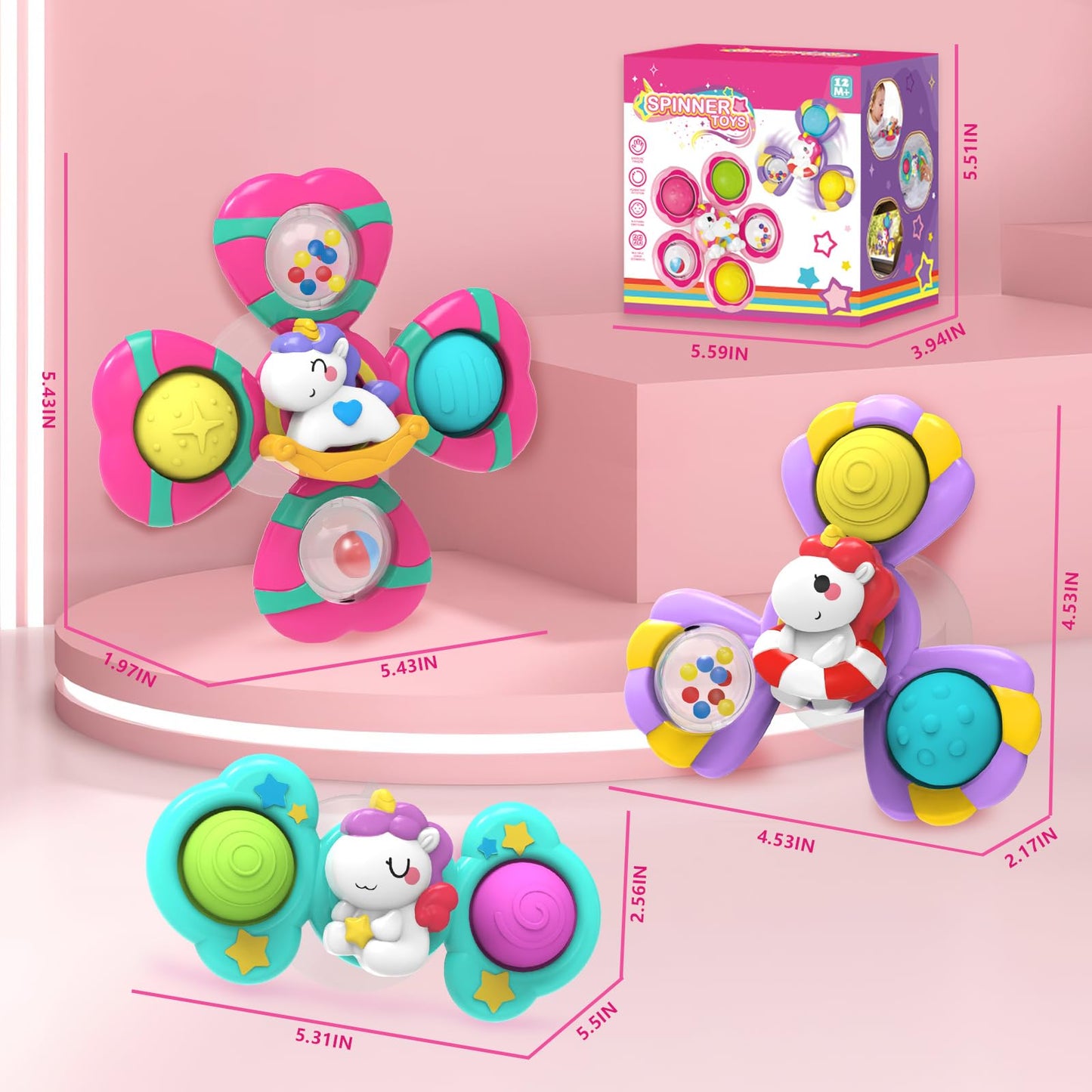 3PCS Suction Cup Spinner Toys,Bath Toys for Baby 12 18 Months,Toys for 1 2 Year Old Toddler Girls,Sensory Toys for Toddlers 1-3 First Birthday Baby Gifts for Girls