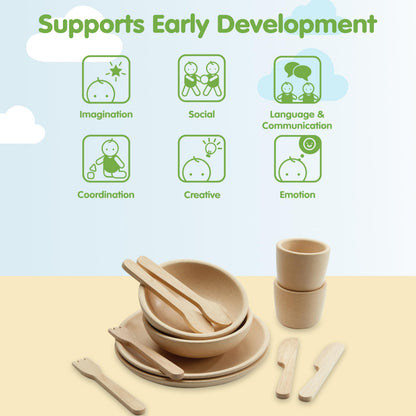 PlanToys® Pretend Play Wooden Tableware Set for Kids | 16-Piece Montessori Kitchen Toy Set with Plates, Cups, Bowls & Utensils | Eco-Friendly, Non-Toxic Toy for Toddlers & Preschoolers