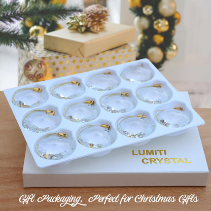 LUMITI 12 Pcs Crystal Glass Christmas Balls Ornaments, 1.18″ Mini Round Prism Flower Xmas Tree Decorations, Hanging Ornament for Wedding Party Home Decor (Crystal Clear)