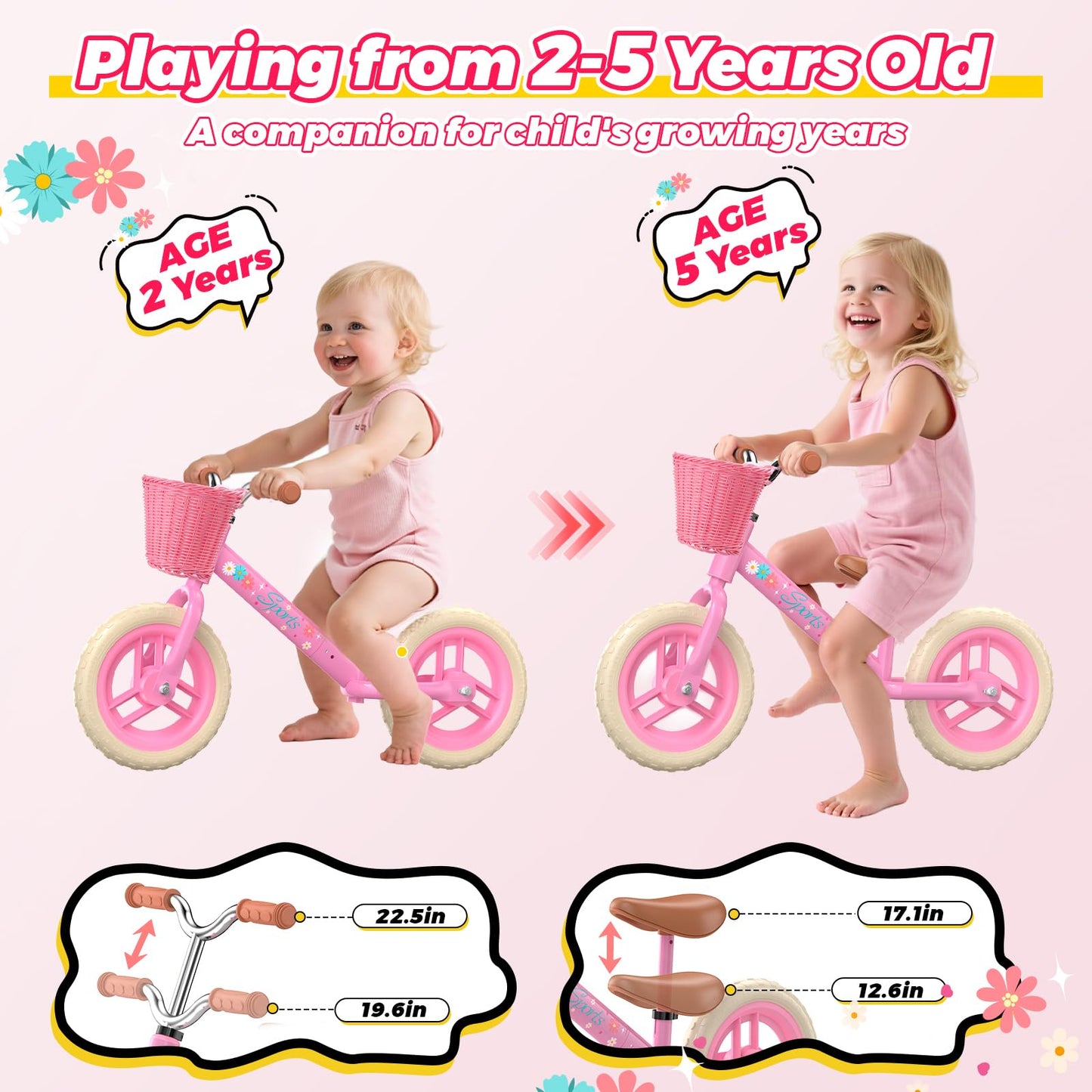 Adjustable Toddler Balance Bike for 2-5 Years Old,Kids Balance Bike with Basket,Kids Bicycle for 2 3 4 5 Years Old Girl Birthday Christmas Toy Gift,Soft Seat & Handlebar,Puncture-Proof LED Tire,Pink