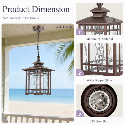 Dusk to Dawn Outdoor Pendant Light, 15 Inch Large Square ORB Oil Rubbed Bronze Exterior Hanging Lantern, Waterproof Anti-Rust Aluminum Outdoor Light with Water Ripple Glass for Porch Patio Entryway