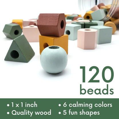 LMC Products Wooden Lacing Beads & Strings 125 Pieces, Fine Motor Skills Toys for 3 Year Old, Boho Colors