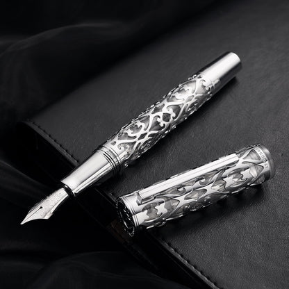 HONG DIAN D1 Piston Fountain Pen Fine Nib, Hollow Skeleton & Resin with Metal Case Set (Silver)