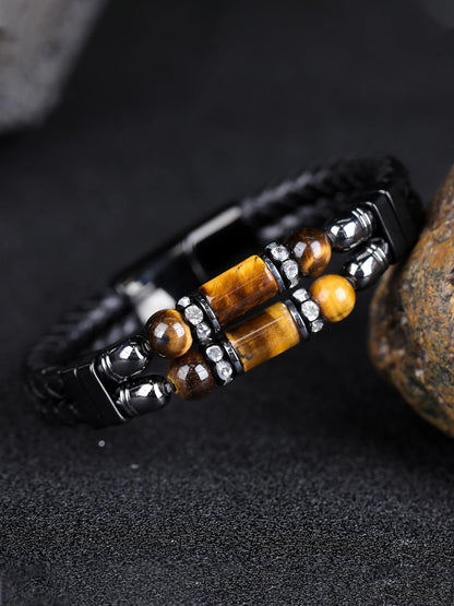 Mrcaois Leather Bracelet Tiger Eye Stone Braided Woven Multi‑Layer Wristband Cuff Bracelets Steel Clasp Bangle for Men Gifts