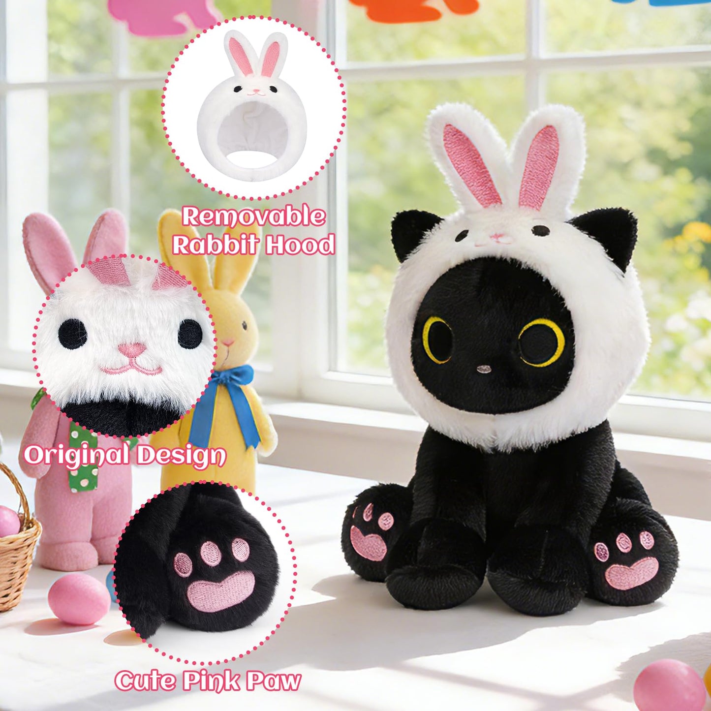 Hagusahuo Black Cat Plush with Removable Bunny Hood, Cute Stuffed Animal Kawaii Soft Toy for Kids Toddlers, Birthday Gift for Boys Girls, Party Favors