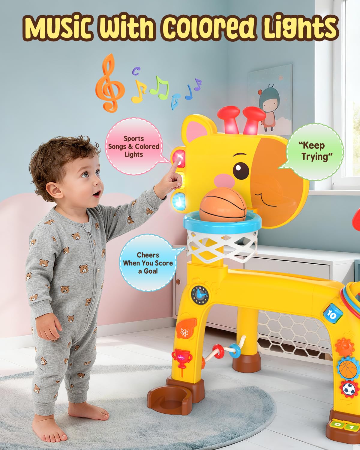 4-IN-1 Toddler Golf Ring Toss Basketball Hoop & Soccer Goal Sport Toys for 1-3 Year Olds, Baby Activity Center with Lights Bilingual Music & Vol Ctrl Gift for Boys Girls(H 24.4"-27.5") (Yellow)
