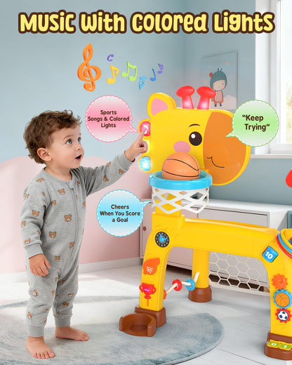 4-IN-1 Toddler Golf Ring Toss Basketball Hoop & Soccer Goal Sport Toys for 1-3 Year Olds, Baby Activity Center with Lights Bilingual Music & Vol Ctrl Gift for Boys Girls(H 24.4"-27.5") (Yellow)