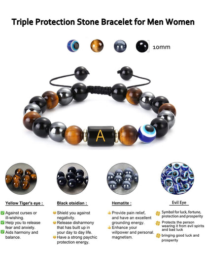 Dayka Initial Triple Protection Bracelet for Men,Black Evil Eye Tiger Eye Hematite Obsidian Good Luck Healing Crystal Stones Mens Bead Bracelet Jewelry Gift (F initial bracelet, Triple Protection)